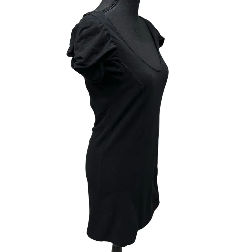 Free People Womens Cotton Floral Lace Puff Sleeve A-Line Dress Black‎ Size L